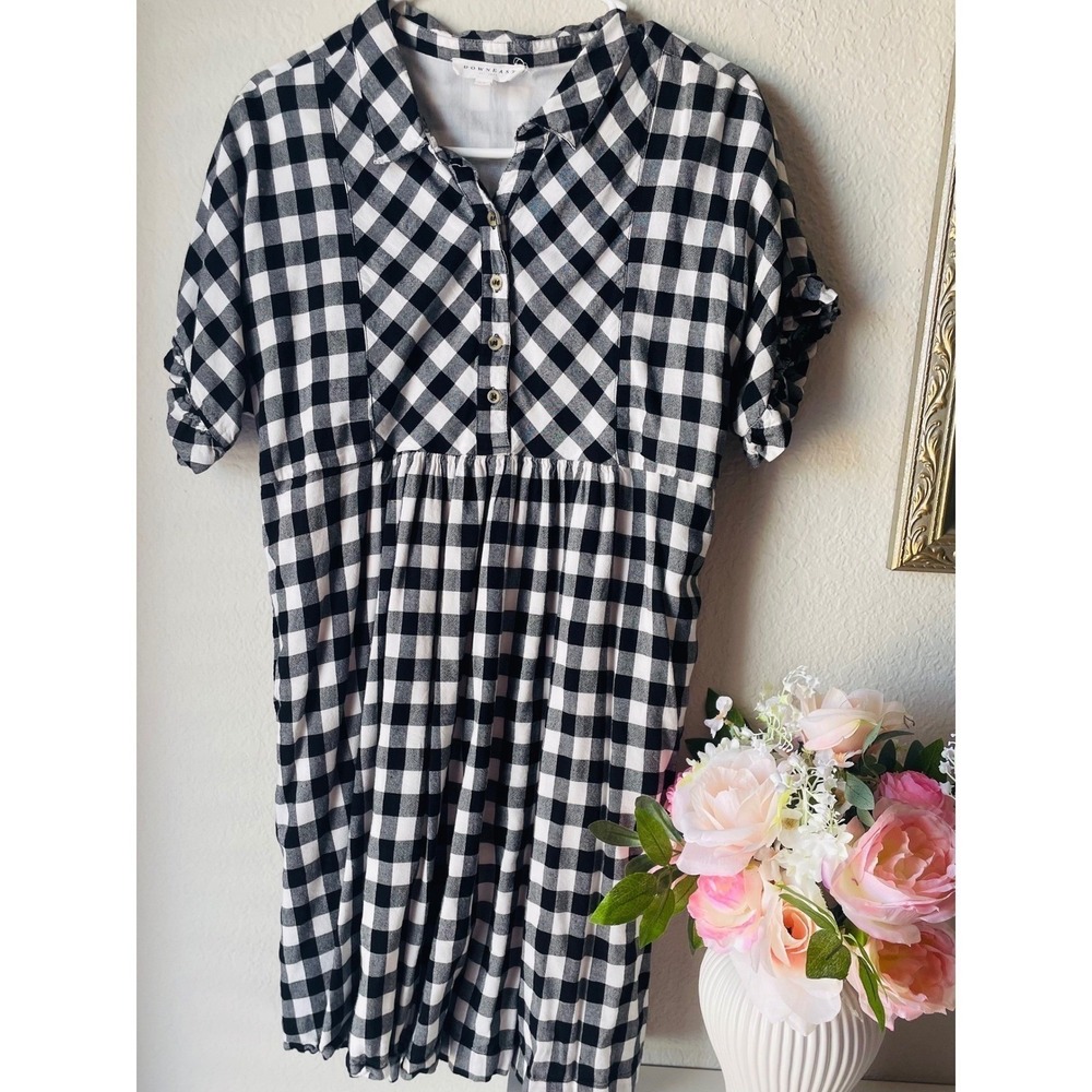 Downeast Black White Gingham Plaid Babydoll Dress Ruffle Sleeve Pockets Size L - Picture 2 of 16